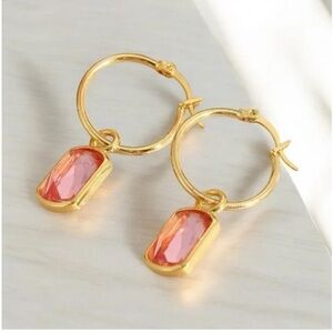 Elegant Gold-Tone Hoop Earrings with Pink Square Synthetic Zirconia, Bohemian